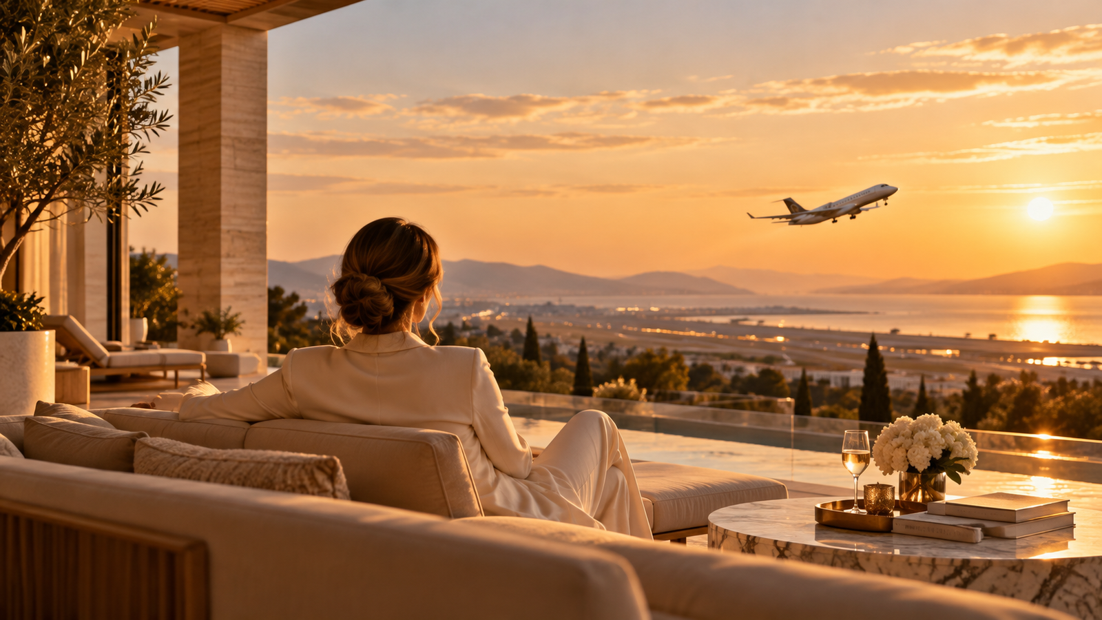 Luxury terrace overlooking the coast at sunset with a departing aircraft
